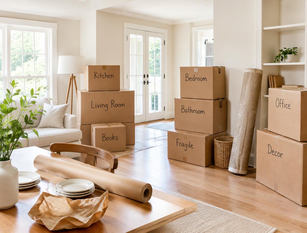 Neatly labeled moving boxes stacked in a bright living room