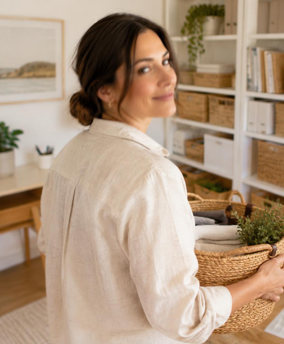 Nicole, Las Vegas professional organizer, holding a woven basket
